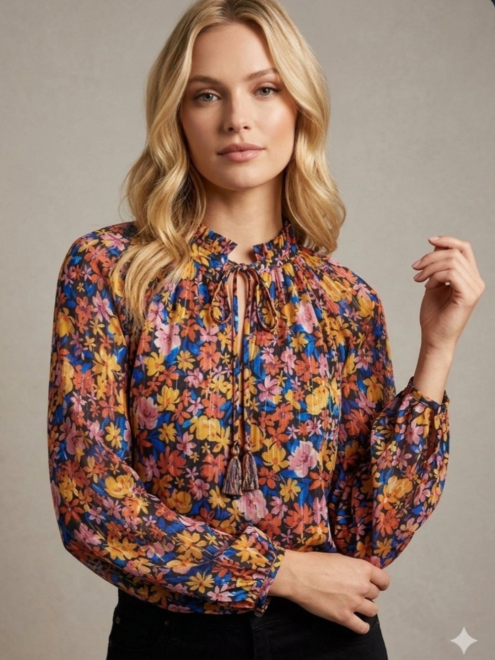 SKIES ARE BLUE Floral Tie-Neck Long Sleeve Blouse Multicolor LIKE NEW